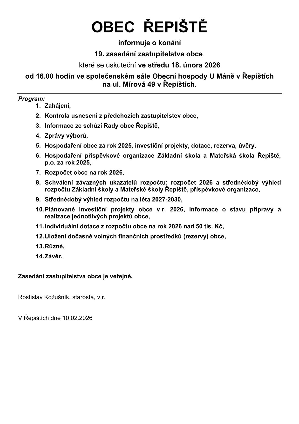Náhledový obrázek článku: 19. zasedání zastupitelstva obce