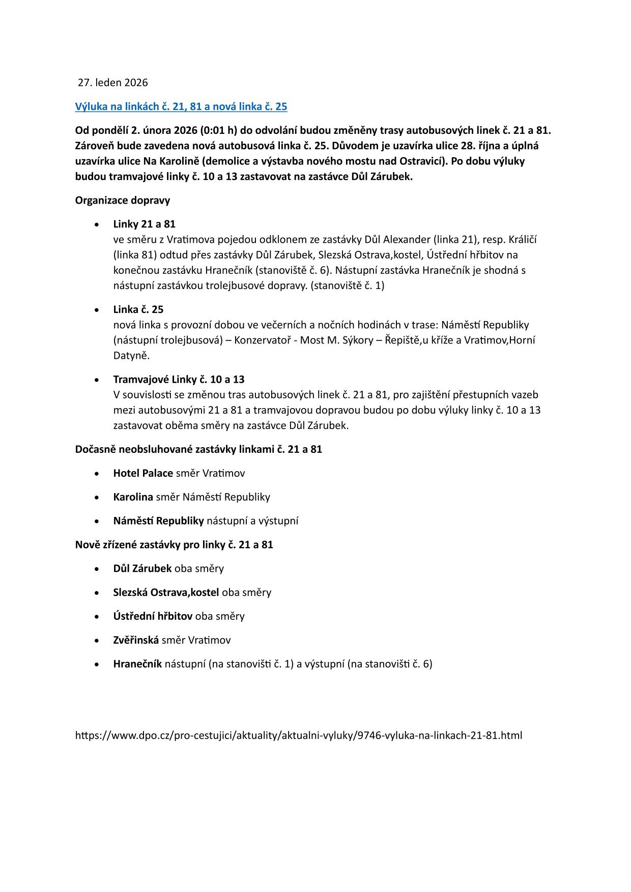 Náhledový obrázek článku: Výluka na linkách č. 21, 81 a nová linka č. 25
