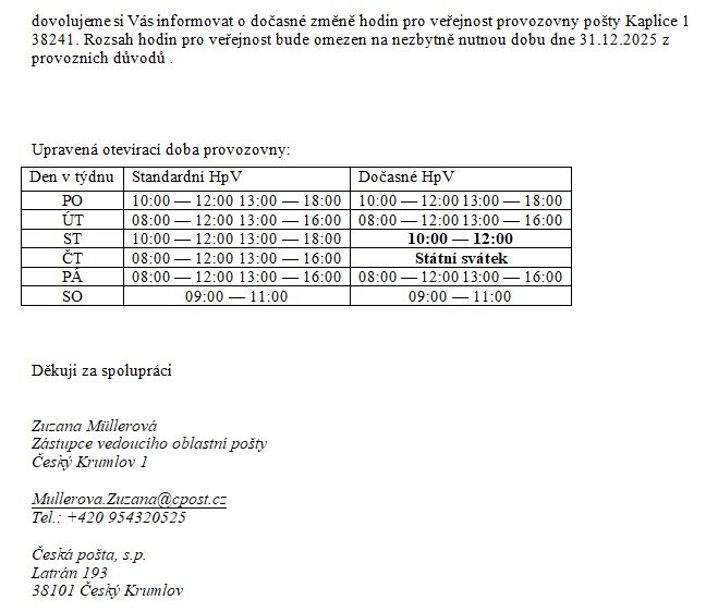 Informace o dočasné změně provozních hodin České pošty