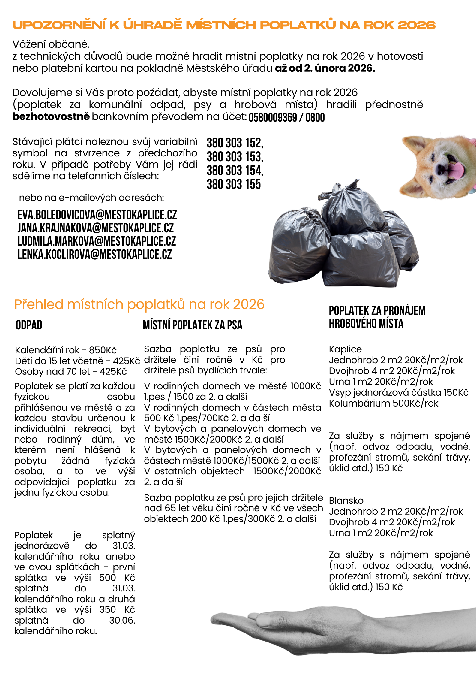 OZNÁMENÍ K MÍSTNÍM POPLATKŮM NA ROK 2026