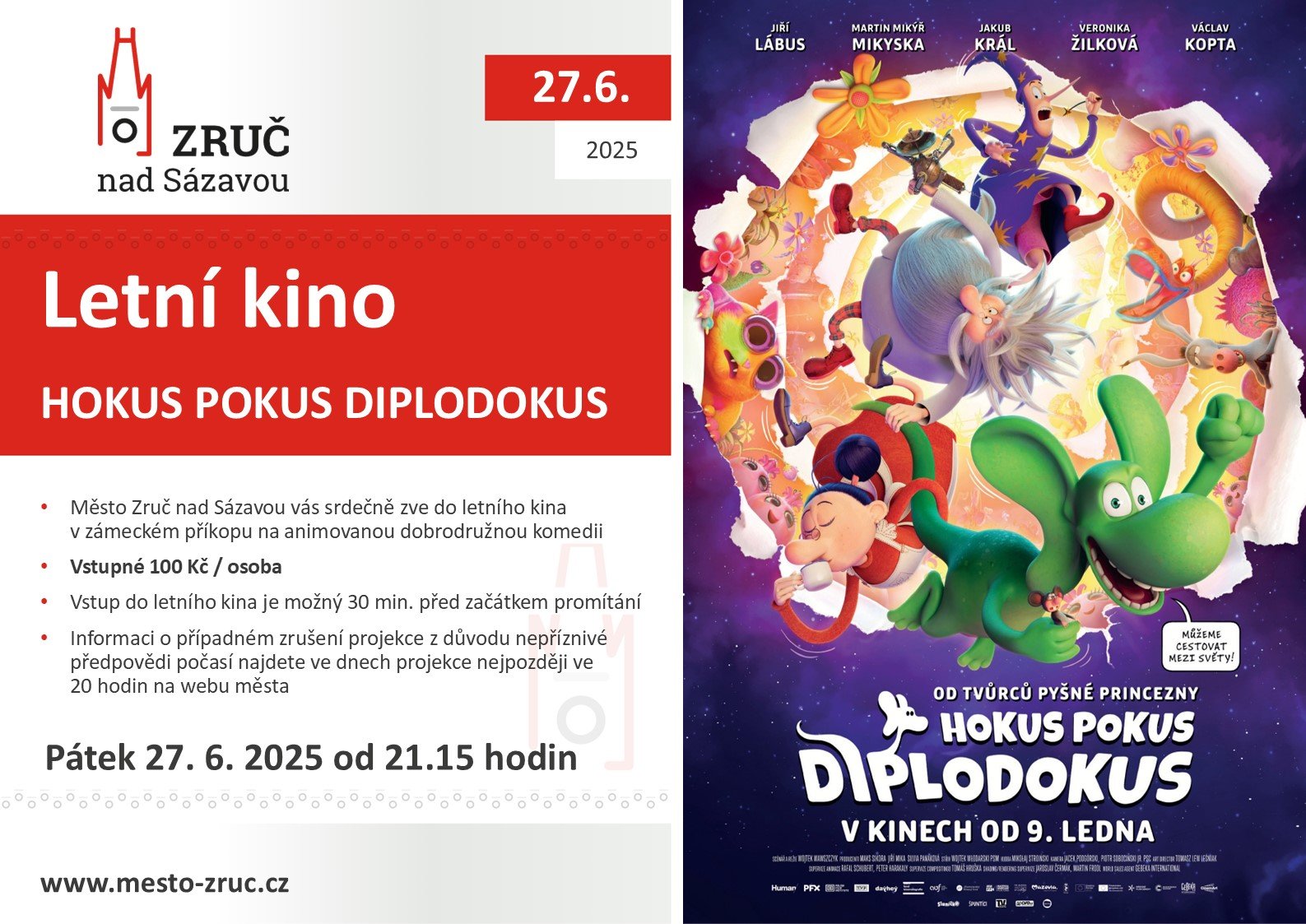 Letní kino - Hokus pokus diplodokus 27.6.2025 od 21.15hod