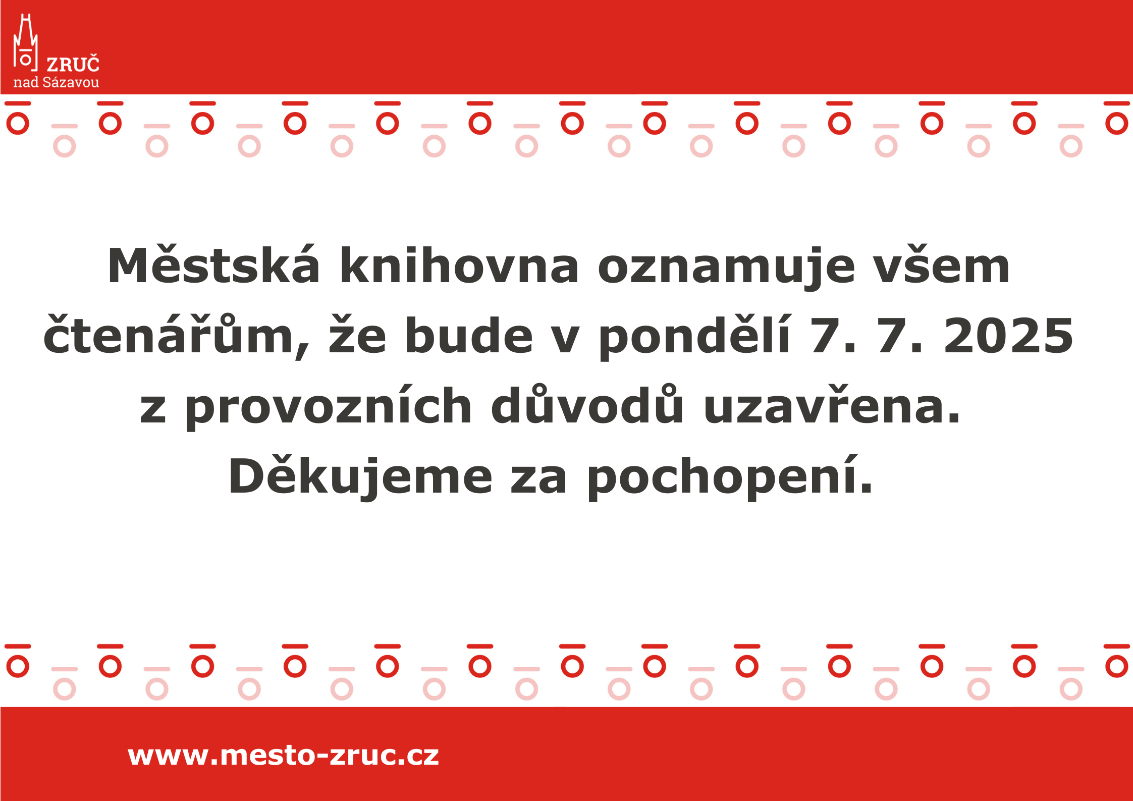Uzavření městské knihovny v pondělí 7. 7. 2025