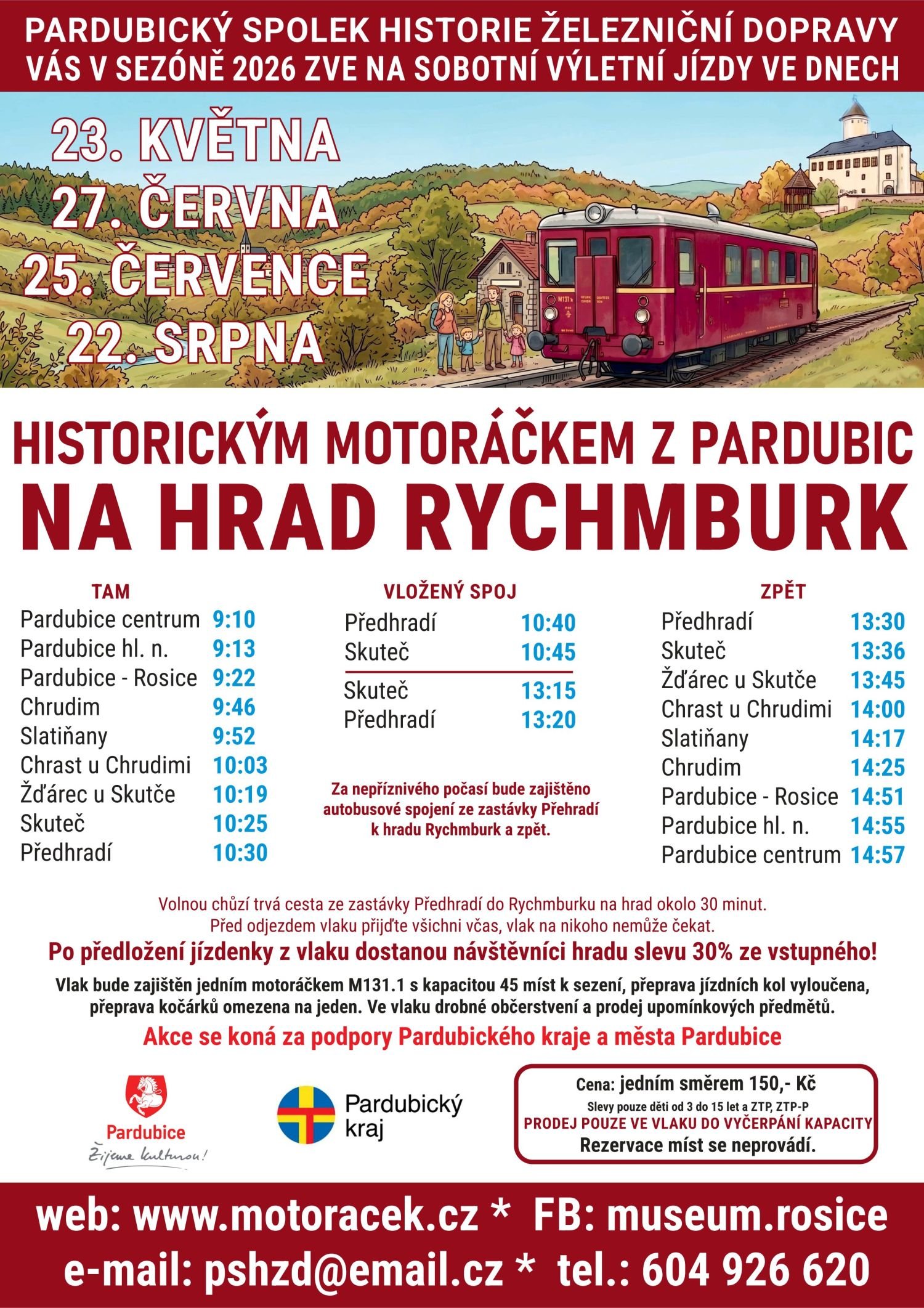 Informační plakát k jízdě historickým motoráčkem na hrad Rychmburk