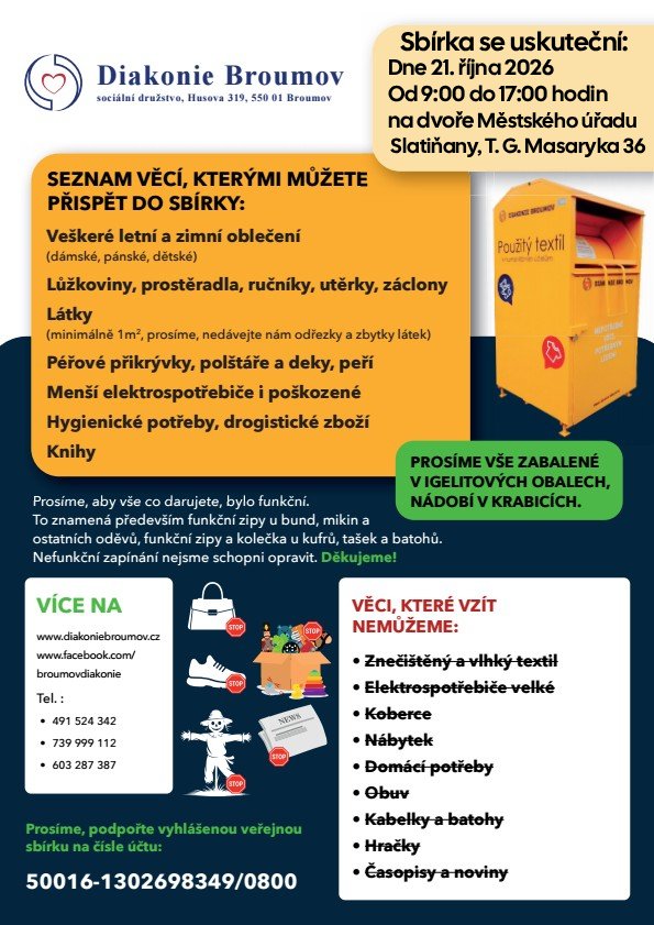 Informační plakát k materiální sbírce Diakonie Broumov