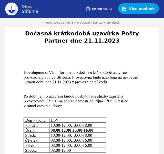 Náhledový obrázek článku: Dočasná krátkodobá uzavírka Pošty Partner