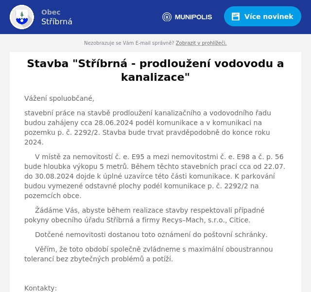 Náhledový obrázek článku: Stavba "Stříbrná - prodloužení vodovodu a kanalizace"