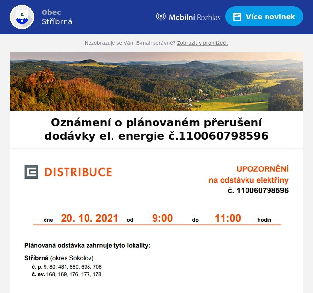 Náhledový obrázek článku: Oznámení o plánovaném přerušení dodávky el. energie č.110060798596