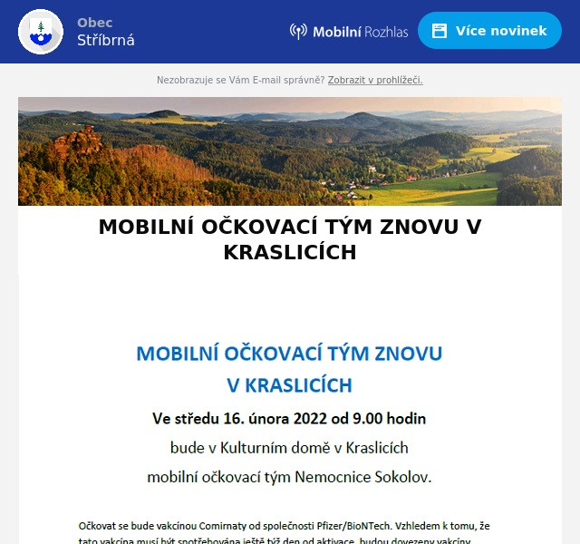 Náhledový obrázek článku: MOBILNÍ OČKOVACÍ TÝM ZNOVU V KRASLICÍCH 16.2.22