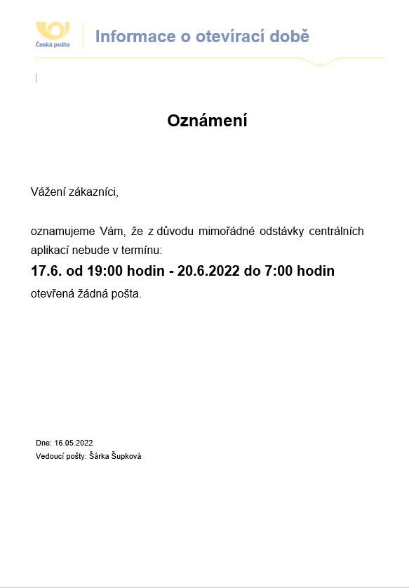 Náhledový obrázek článku: 17.6.2022 odstávka pošty na Stříbrné