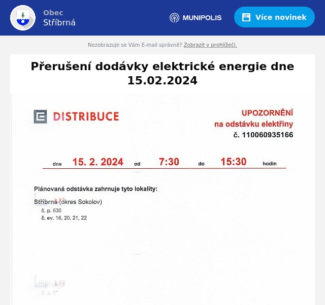 Náhledový obrázek článku: Přerušení dodávky elektrické energie 15.02.2024