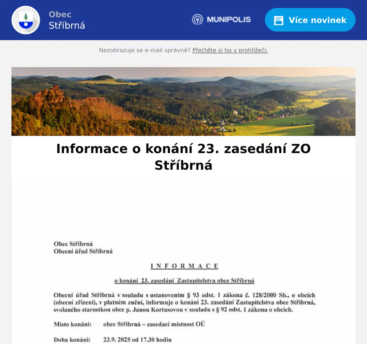Náhledový obrázek článku: Informace o konání 23. zasedání ZO Stříbrná