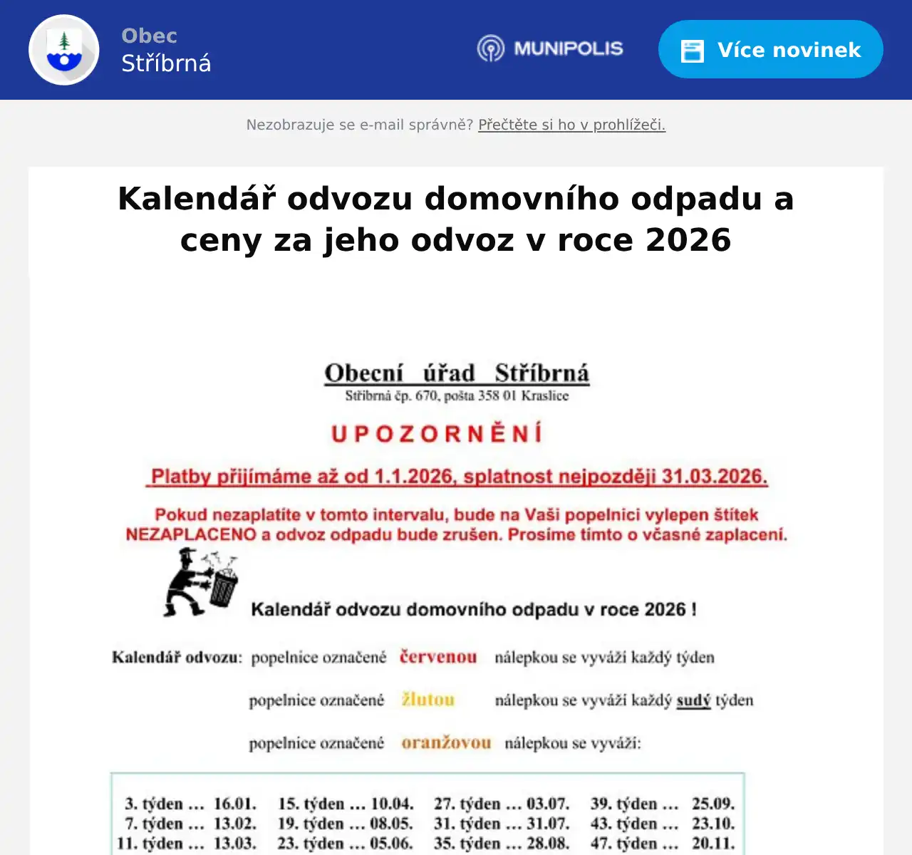 Náhledový obrázek článku: Kalendář odvozu domovního odpadu a ceny za jeho odvoz v roce 2026