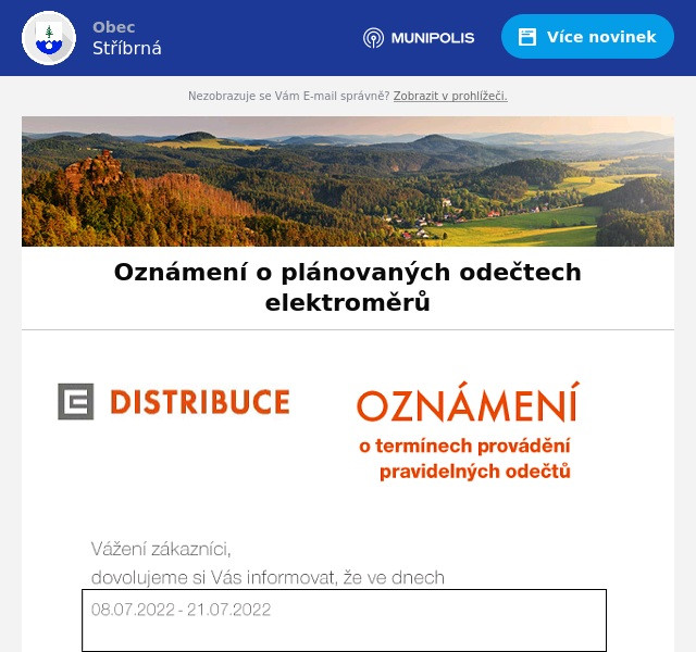 Náhledový obrázek článku: Oznámení o plánovaných odečtech elektroměrů