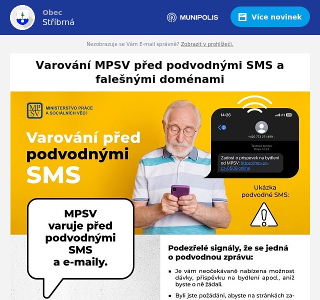 Náhledový obrázek článku: Varování MPSV před podvodnými SMS a falešnými doménami