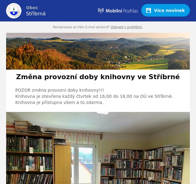 Náhledový obrázek článku: Změna provozní doby knihovny ve Stříbrné