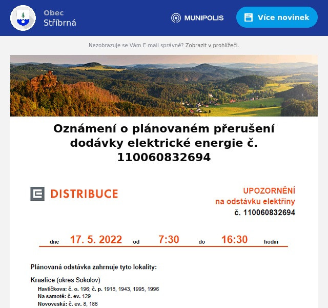 Náhledový obrázek článku: Oznámení o plánovaném přerušení dodávky elektrické energie č. 110060832694