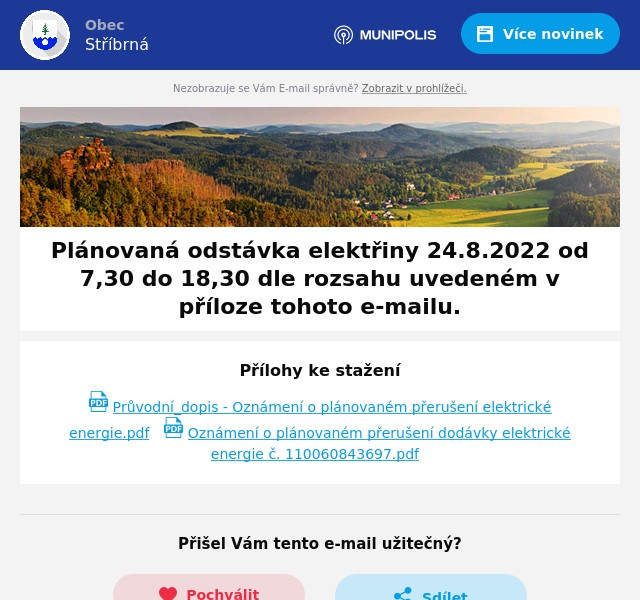 Náhledový obrázek článku: Plánovaná odstávka elektřiny 24.8.2022