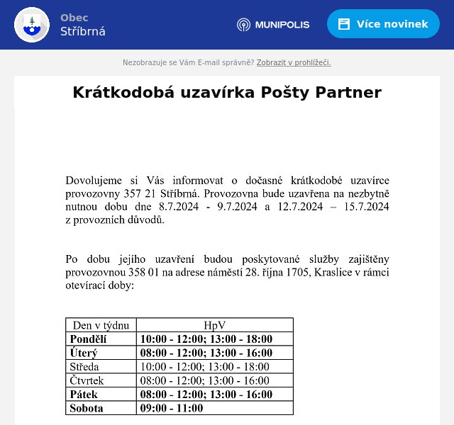 Náhledový obrázek článku: Krátkodobá uzavírka Pošty Partner