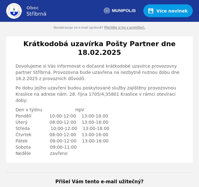 Náhledový obrázek článku: Krátkodobá uzavírka Pošty Partner dne 18.02.2025