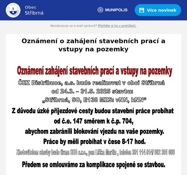 Náhledový obrázek článku: Oznámení o zahájení stavebních prací