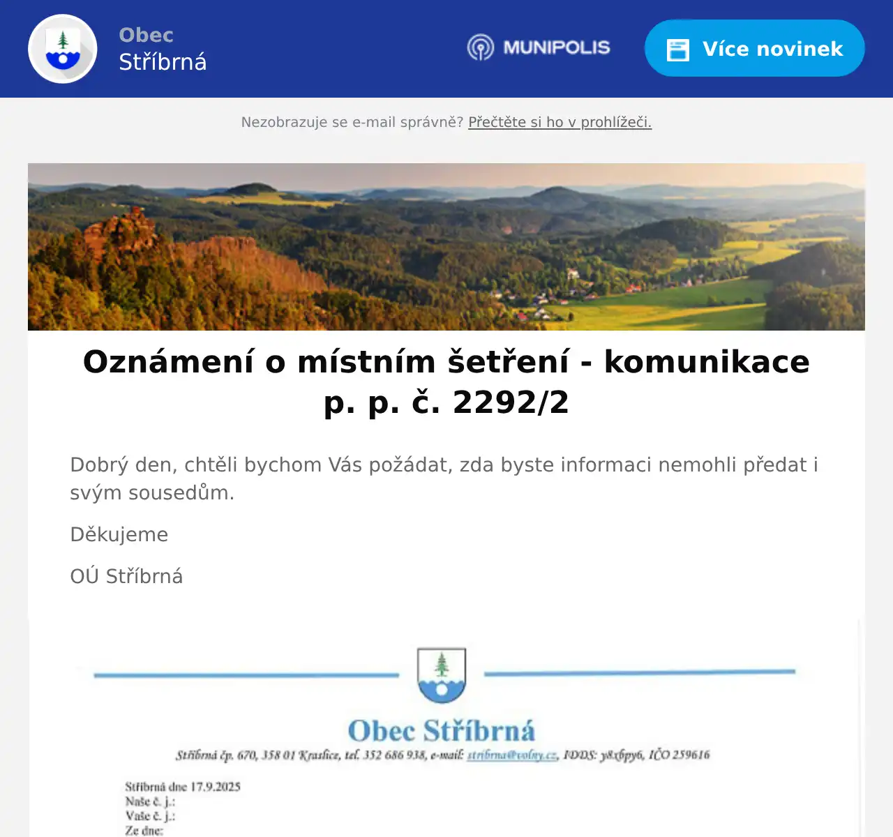Náhledový obrázek článku: Oznámení o místním šetření - komunikace p. p. č. 2292/2