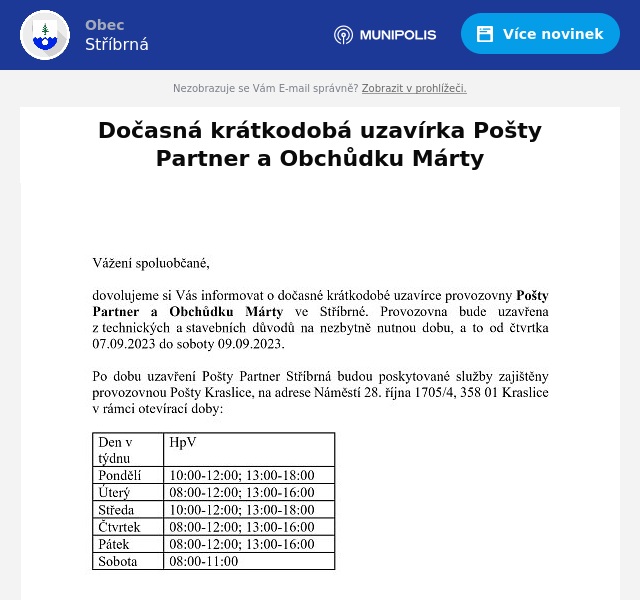 Náhledový obrázek článku: Dočasná krátkodobá uzavírka Pošty Partner a Obchůdku Márty