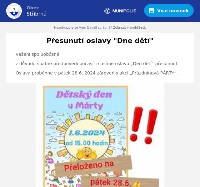 Náhledový obrázek článku: Přesunutí oslavy "Dne dětí"