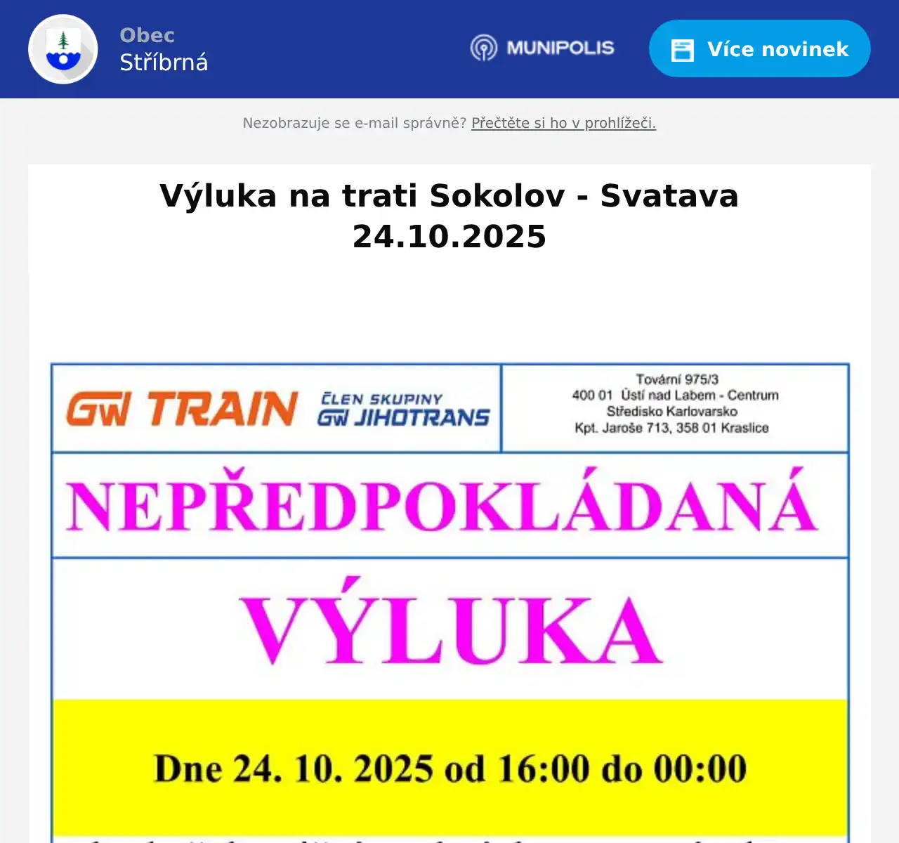 Náhledový obrázek článku: Výluka na trati Sokolov - Svatava 24.10.2025
