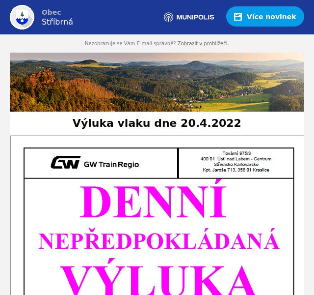 Náhledový obrázek článku: Výluka vlaku dne 20.4.2022