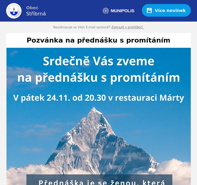 Náhledový obrázek článku: Pozvánka na přednášku s promítáním