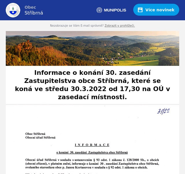 Náhledový obrázek článku: Pozvánka na 30. zasedání Zastupitelstva obce Stříbrná