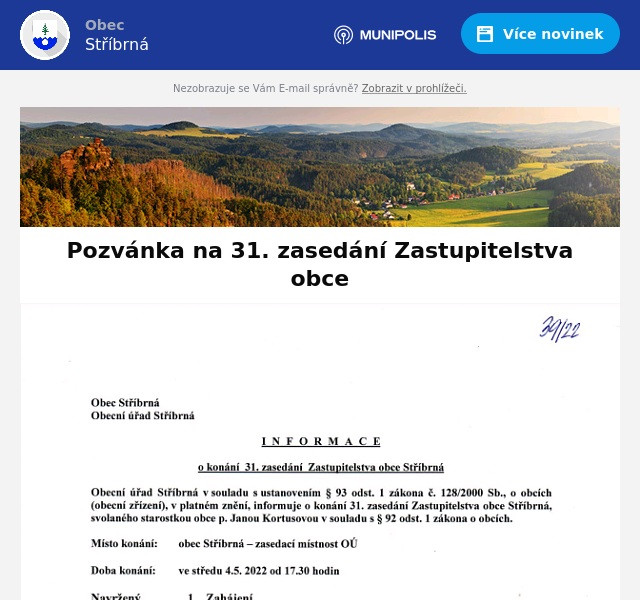 Náhledový obrázek článku: Pozvánka na 31. zasedání Zastupitelstva obce
