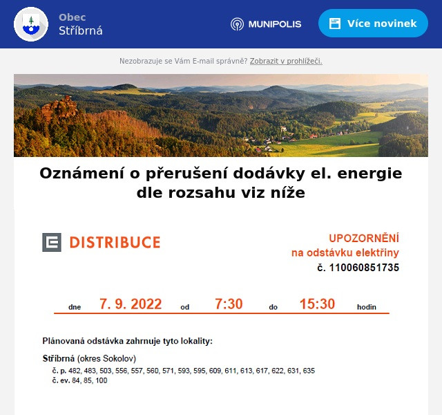 Náhledový obrázek článku: Oznámení o přerušení dodávky el. energie