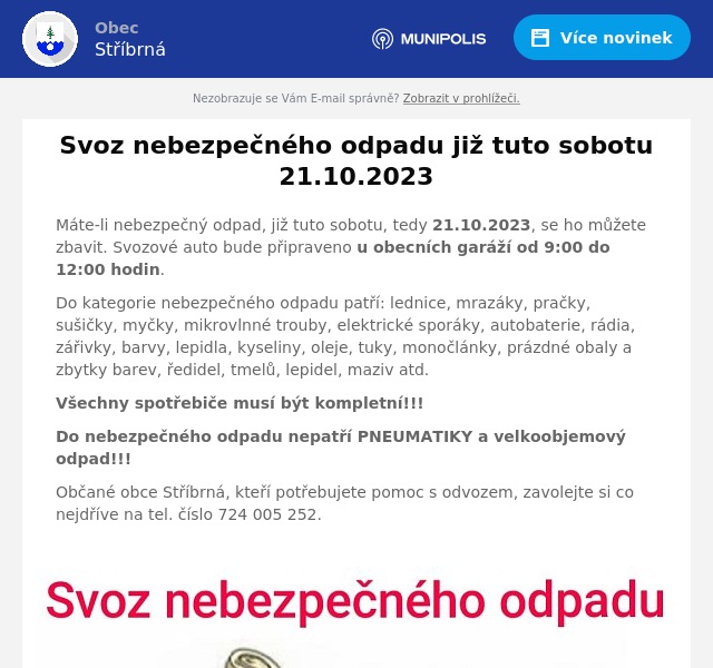 Náhledový obrázek článku: Svoz nebezpečného odpadu již tuto sobotu 21.10.2023