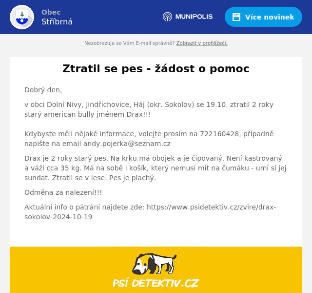 Náhledový obrázek článku: Ztratil se pes - žádost o pomoc