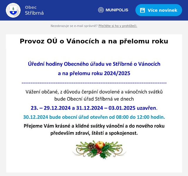 Náhledový obrázek článku: Provoz OÚ o Vánocích a na přelomu roku