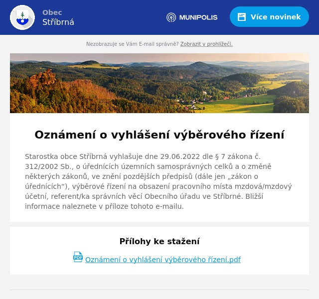 Náhledový obrázek článku: Výběrové řízení na obsazení místa na OÚ Stříbrná