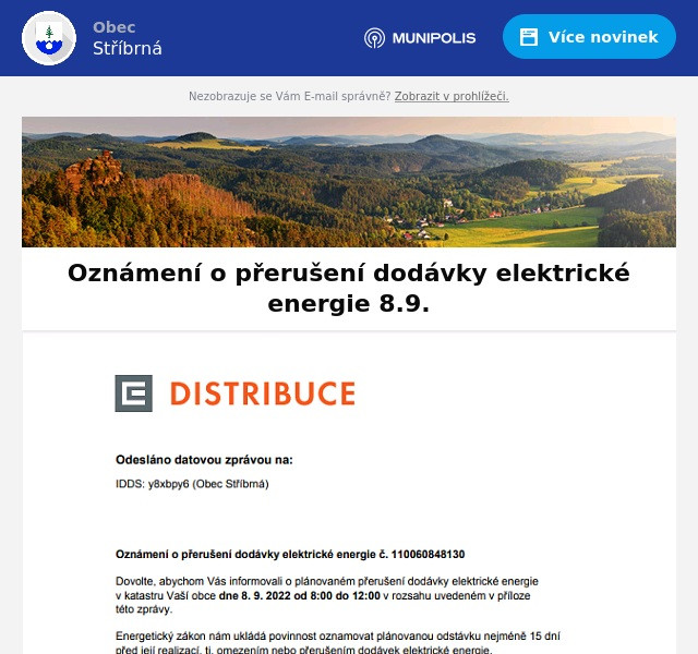 Náhledový obrázek článku: Oznámení o přerušení dodávky elektrické energie 8.9.