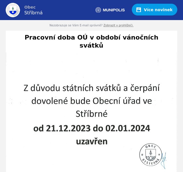 Náhledový obrázek článku: Pracovní doba OÚ v období vánočních svátků