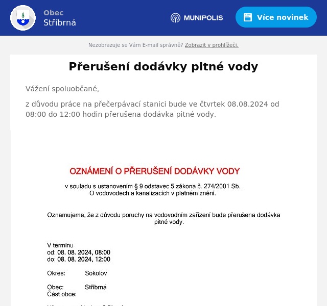 Náhledový obrázek článku: Přerušení dodávky pitné vody