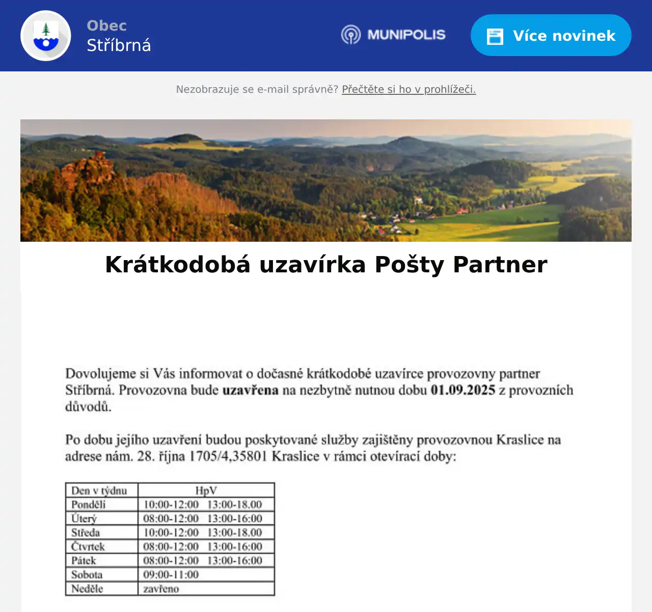 Náhledový obrázek článku: Krátkodobá uzavírka Pošty Partner