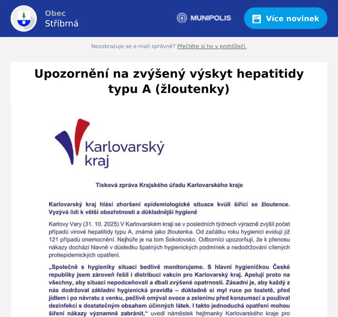 Náhledový obrázek článku: Upozornění na zvýšený výskyt hepatitidy typu A (žloutenky)