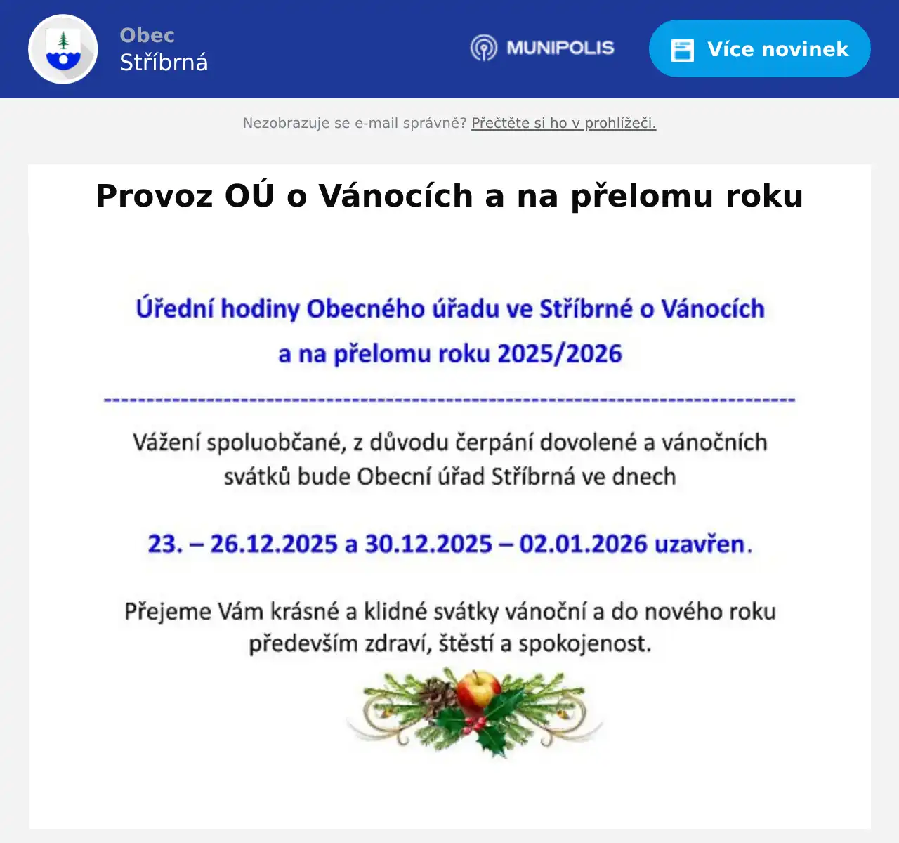 Náhledový obrázek článku: Provoz OÚ o Vánocích a na přelomu roku