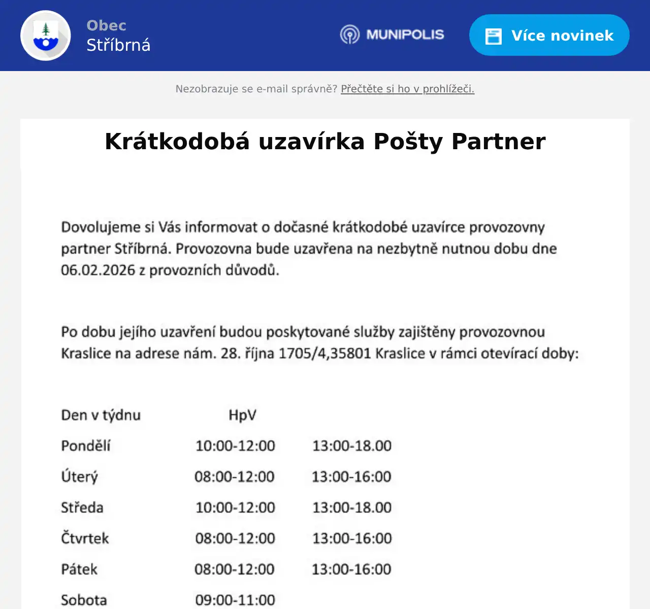 Náhledový obrázek článku: Krátkodobá uzavírka Pošty Partner