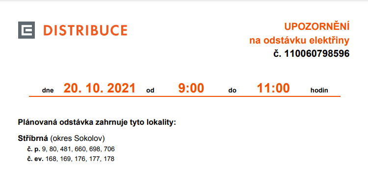 Náhledový obrázek článku: Oznámení o přerušení dodávky el. energie č. 110060798596