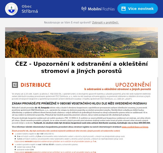 Náhledový obrázek článku: ČEZ - Upozornění k odstranění a okleštění stromoví a jiných porostů