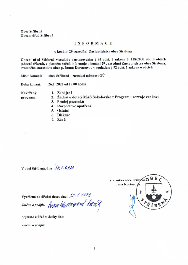 Náhledový obrázek článku: Pozvánka na 29. zasedání Zastupitelstva obce Stříbrná, které se koná 26.1.2022