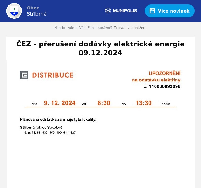 Náhledový obrázek článku: ČEZ - přerušení dodávky elektrické energie 09.12.2024
