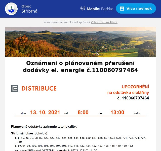 Náhledový obrázek článku: Oznámení o plánovaném přerušení dodávky el. energie č.110060797464