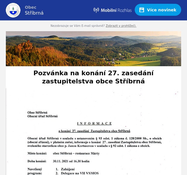 Náhledový obrázek článku: Pozvánka na konání 27. zasedání zastupitelstva obce Stříbrná